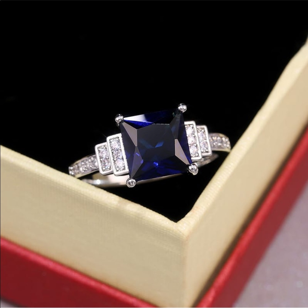 925 Sterling Silver Square Cut Royal Blue CZ  Ring - Picture 4 of 11